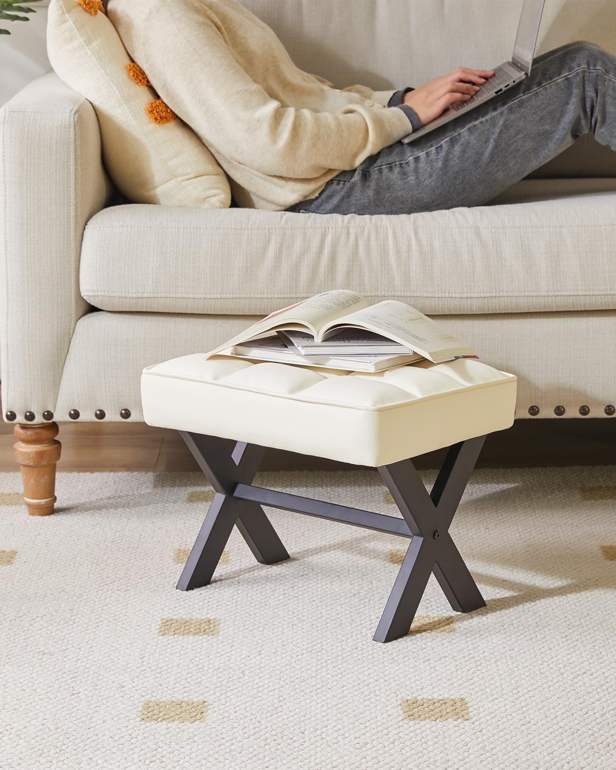 IBUYKE Small 12" H Footrest Stool, Square PU Foot Stool with Metal X-Leg, Multi-Use as Small Side Table, Step Stool for Living Room, Bedroom, Entryway, Office, White WBD012W