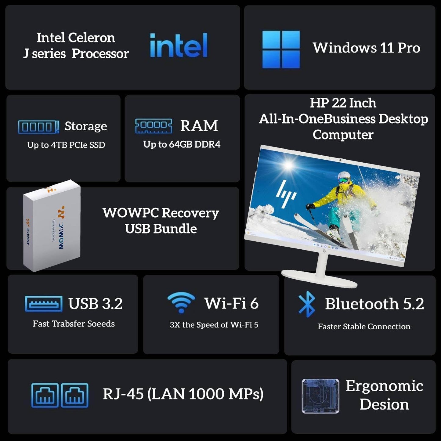 HP 2025 New 22 Inch All-in-One Desktop Computer • 12GB RAM • 256GB PCIe SSD • Intel CPU • Ultra-Quiet Design • Microsoft Office Trial • Wi-Fi 6 • White KB & Mouse • WOWPC Recovery USB • Windows 11