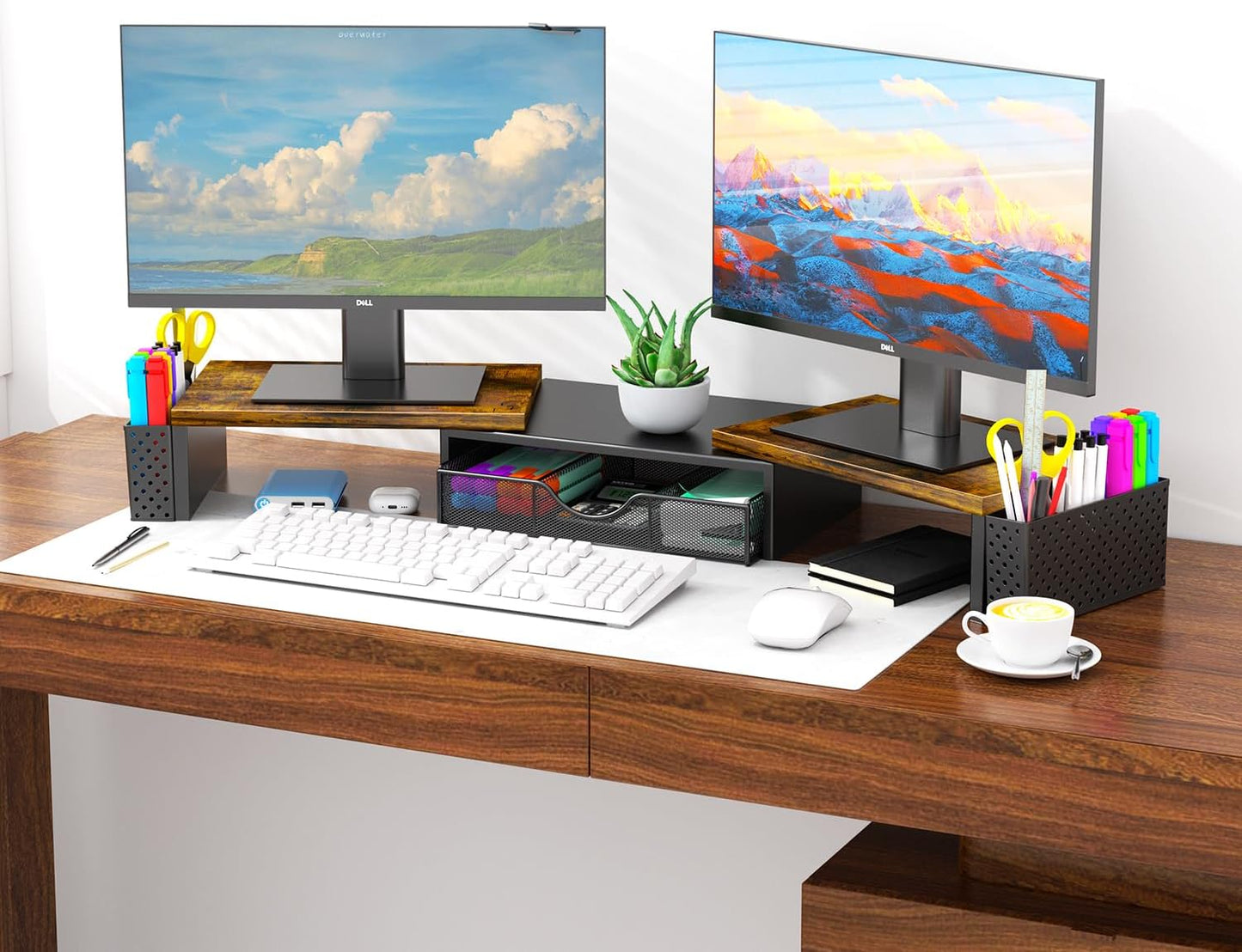 Spacrea Metal Desk Organizers and Accessories, Dual Monitor Stand Riser with Drawer and 2 Pen Holders, Desk Accessories & Workspace Desktop Organizers for Office Supplies (Wood)