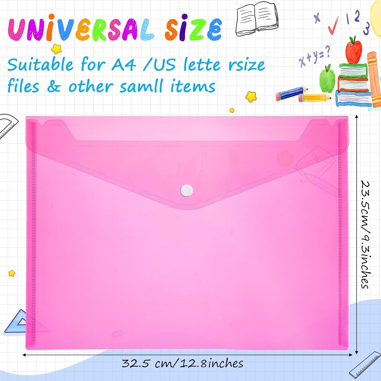 100 Pcs Clear Envelopes with Snap Button Closure Bulk A4 Letter Size Clear Plastic Envelope Folder Document Organizer File Folders for Office Home(Pink)