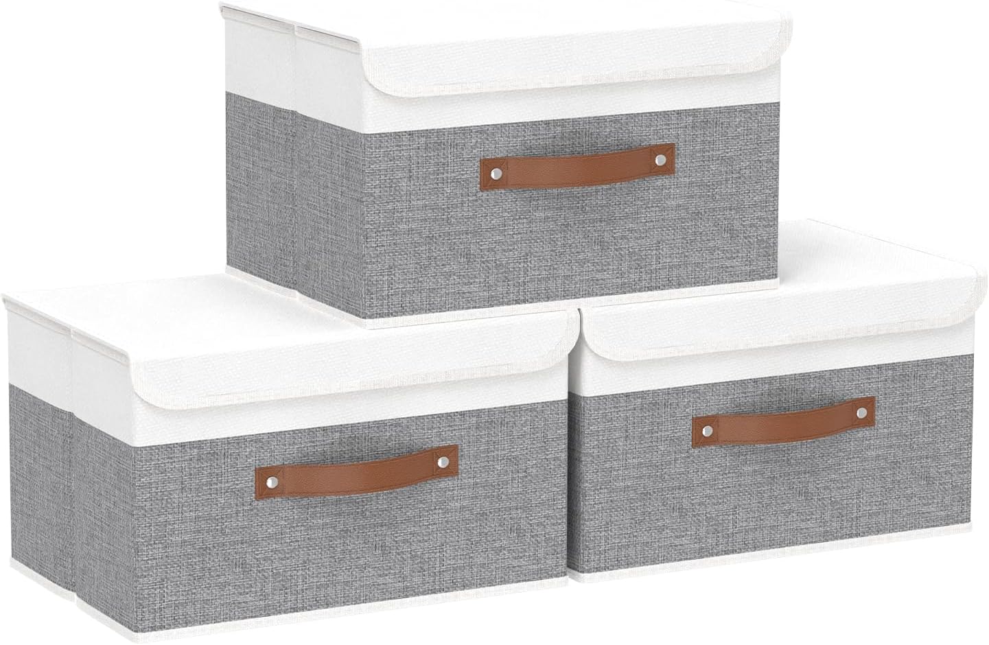 Yawinhe Collapsible Storage Bin, Cube Organizer Basket, Fabric Box with Lids, Washable and Leather Handle, for Home, Closet, White/Grey, 13.0''Lx9.0''Wx7.9''H, 3-Pack, SNK024WGS-3