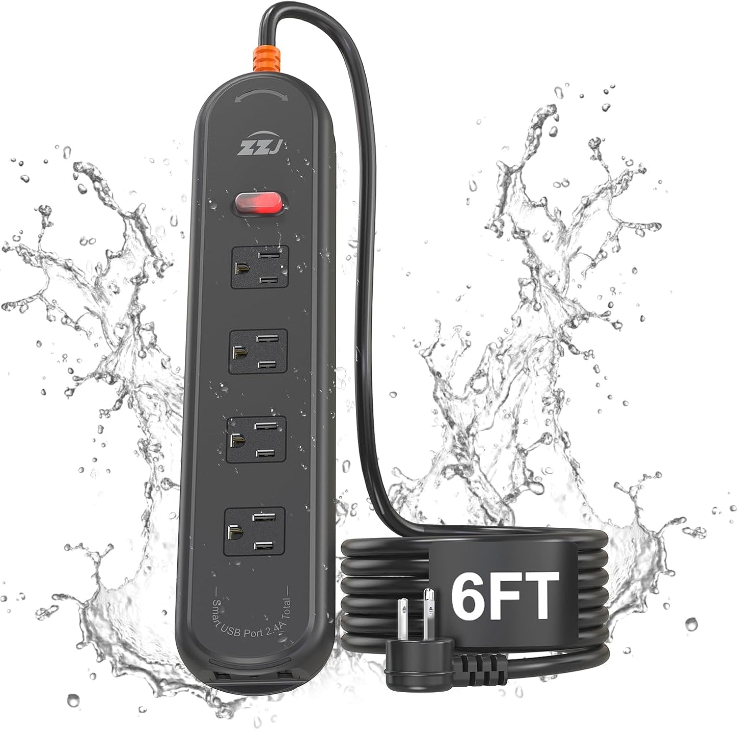 Outdoor Power Strip Weatherproof, 7-in-1 Surge Protector with 4 Wide Outlets 2USB A and 1USB C,1875W/15A, 6FT Flat Plug Multi-Plug Outdoor Extension Cord Waterproof for Indoor Outdoor, UL FCC Listed