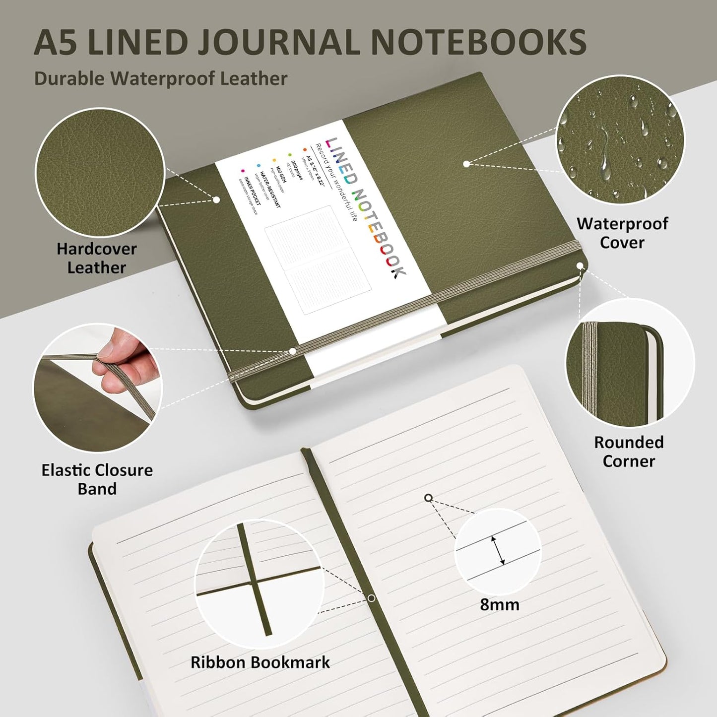 Lined Journal Notebook for Women Men, 200 Pages A5 Hardcover Leather Journals 5.7” x 8.3”, A5 College Ruled Notebooks with 100 GSM Thick Paper for Writing,Travel,School,Office,Work,Business(Green)