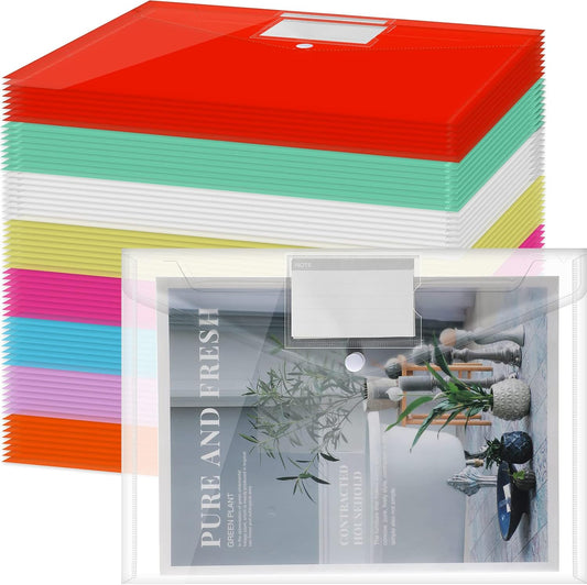 Zhehao 100 Pcs Clear Envelopes with Snap Button Closure A4 Letter Size Plastic Envelope Folder Poly Document File Folders for home Office(Multicolor,Pocket Style)