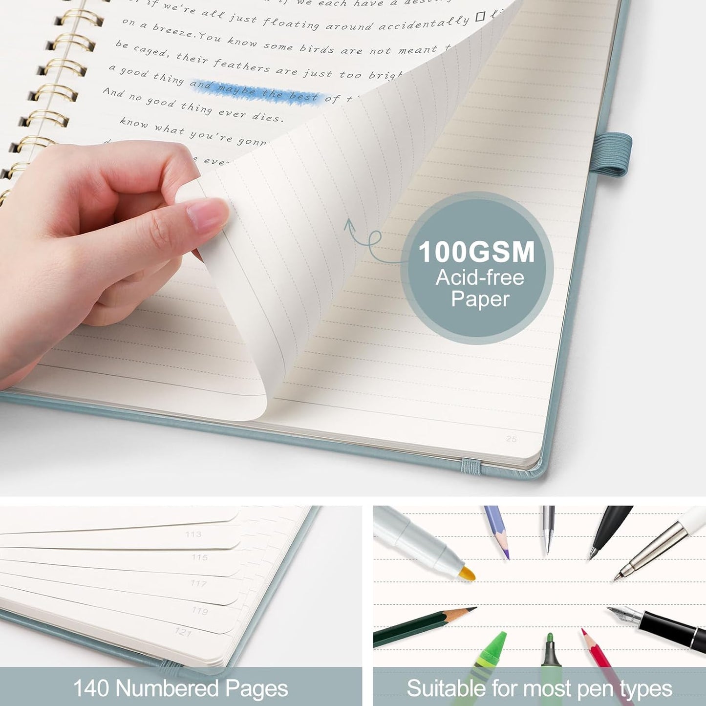 AHGXG Lined Spiral Journal Notebook, B5 Large Notebooks for Women Men, 140 Pages Hardcover Leather Notebook College Ruled, 100 GSM Paper, Notebooks for Work School Note Taking, 7.6" x 10", GrayBlue