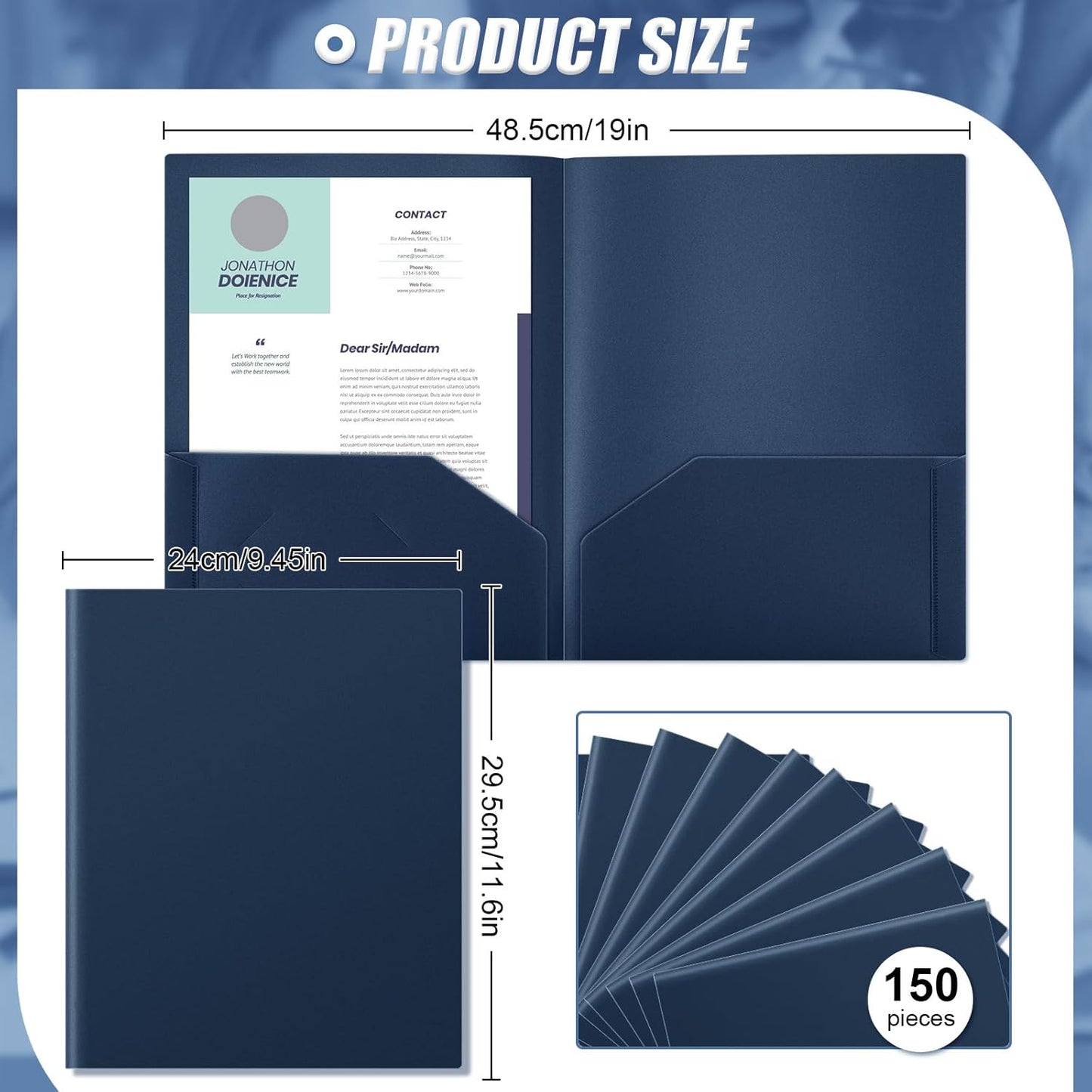 Gueevin 150 Pcs Plastic Folders with Pockets, Two Pocket Folder Fit 8.5 x 11 Inch Letter Size Paper, Heavy Duty School Folders Business Card Holder for Home Office School Bussiness (Dark Blue)