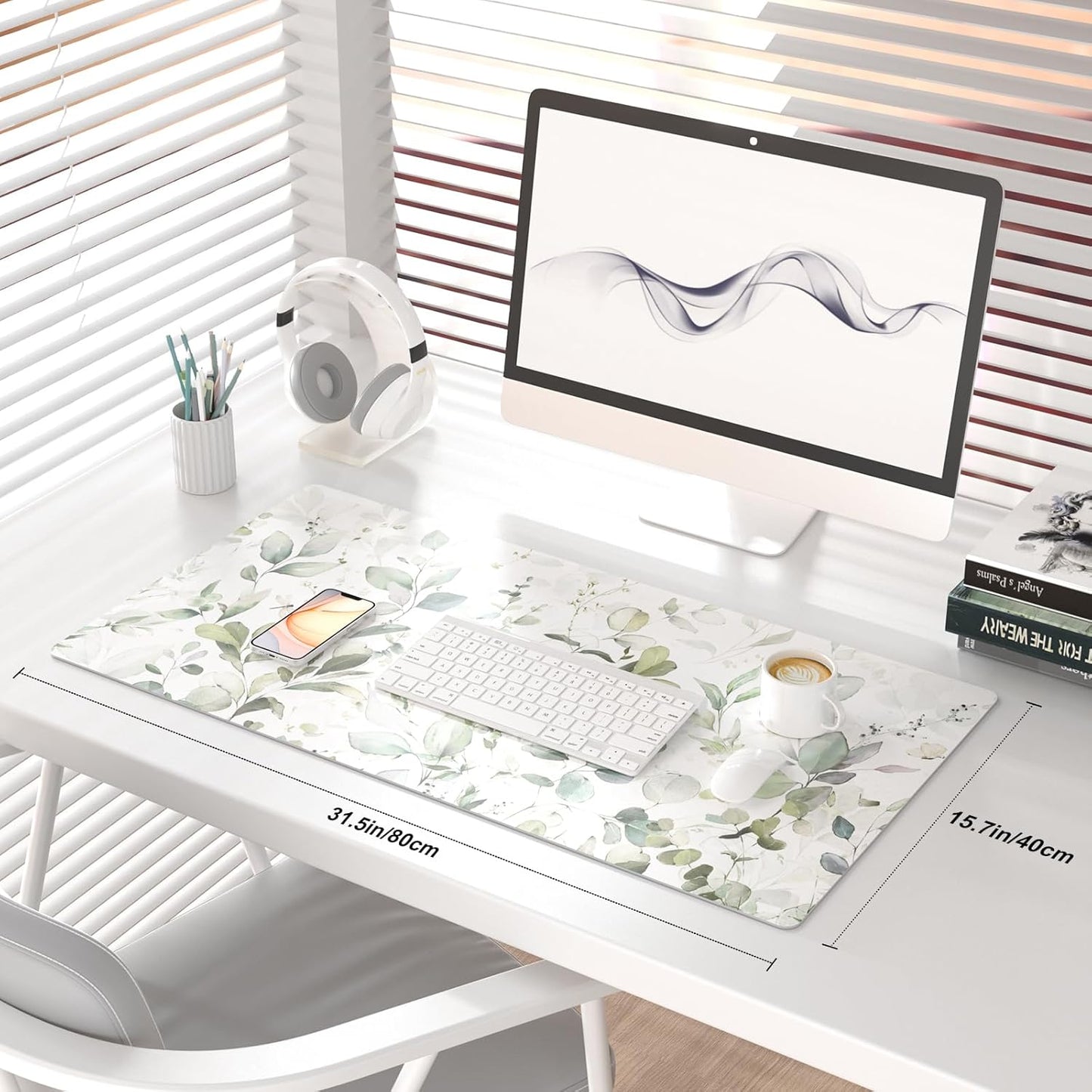 QIYI Large Mouse Pad, Extended Desk Mat for Desktop, PU Leather Waterproof Gaming Mousepad, Computer Desk Accessories Protector Writing Pads for School Office Home 31.5" x 15.7" - Soft Green Foliage