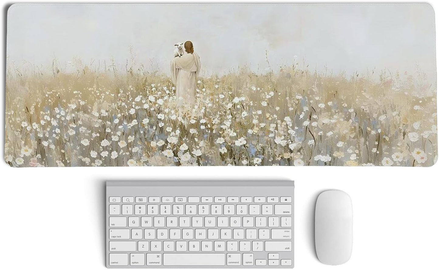Christian Themed Mouse Pad,Jesus Religious Mouse Pad,Large Vintage Easter Decor Desk Mat,Jesus Find The Lost Lamb,White Floral Desk Mat,Religious Gifts Christian Gifts for Women,31.5x11.8