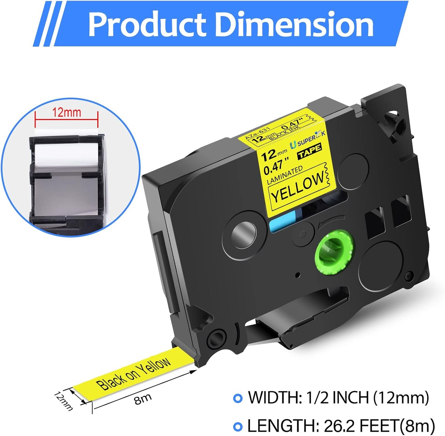 6PK Compatible for Brother P-Touch Label Maker Tape TZe-631 TZ-631 TZe631 TZ631 Black on Yellow 12mm 1/2 inch 0.47'' x 26.2ft Laminated TZe TZ Label Tape for PT-H300LI P700 P710BT P750W