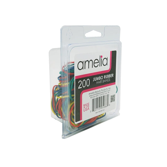200, Jumbo Size, Rainbow Colors, US Made Rubber Hair Bands for Pony Tails and Braids In A Clamshell. Rainbow Mix Consists of Yellow, Red, Orange Green and Blue Rubber Bands.