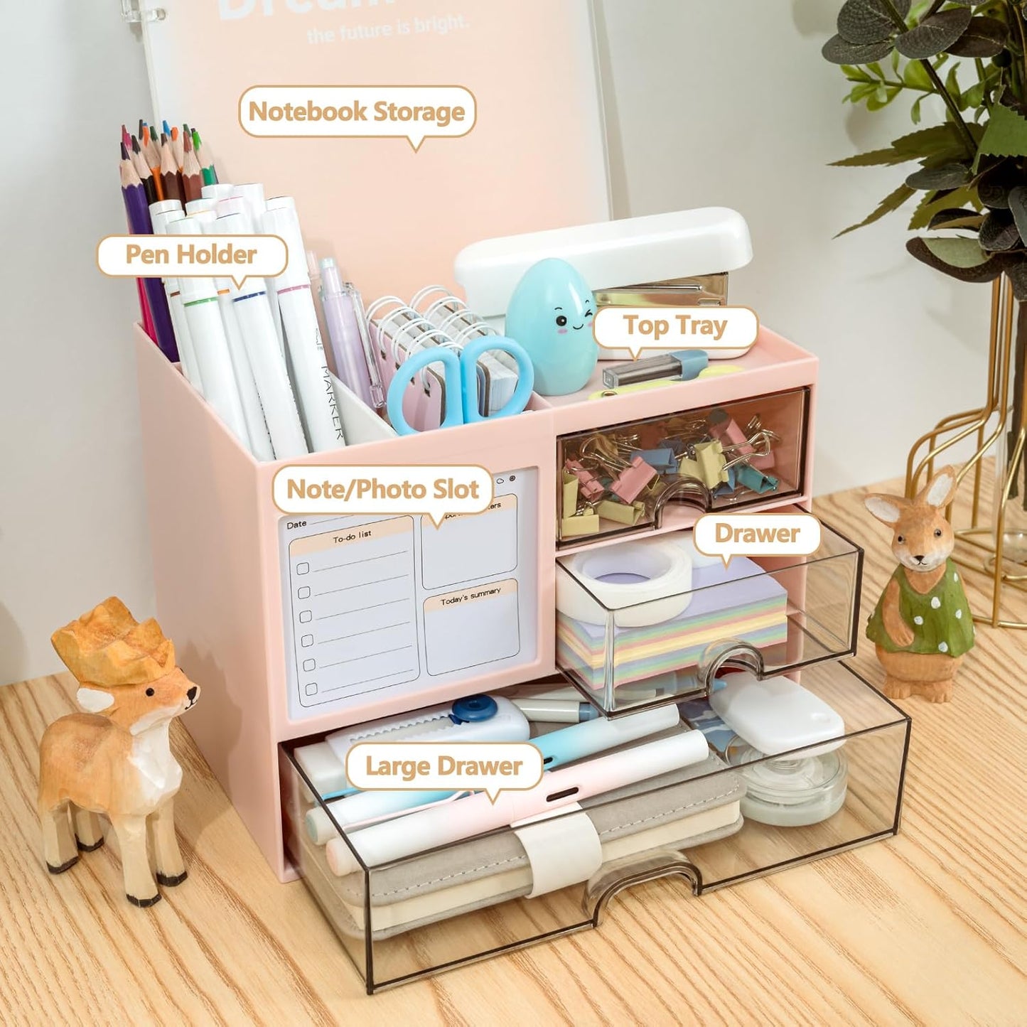 Multi-Functional Desk Organizer with 3 Drawer and 8 Compartments, Pink