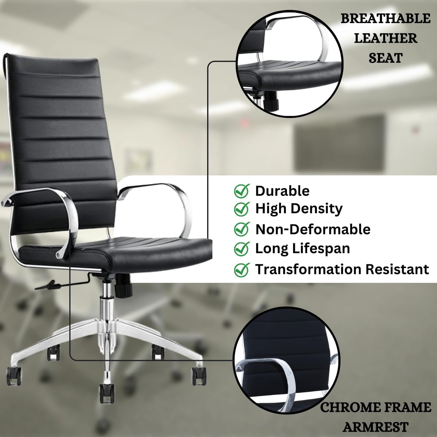 Ribbed High Back Conference Room Chairs - Lumbar Support, Modern Style Executive Chair for Home and Office - 360 Swivel Rolling Wheels - Aluminum Chrome Frame & Base - Black (Pack of 6)