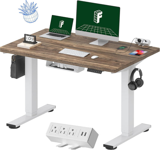 FLEXISPOT EN2 Whole-Piece Standing Desk with Clamp Power Strip, 48 x 30 Electric Stand Up Height Adjustable Desk with Cable Management (White Frame + 48" Black Walnut Desktop, 2 Packages)