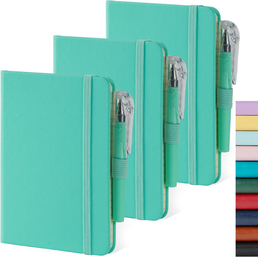 3 Pack Small Pocket Journal Notebook 3.7" x 5.7" with Pen, A6 Mini Cute Notepad for Women/Men, 408 Pages, 100Gsm Lined Paper Note Pads, Leather, Green