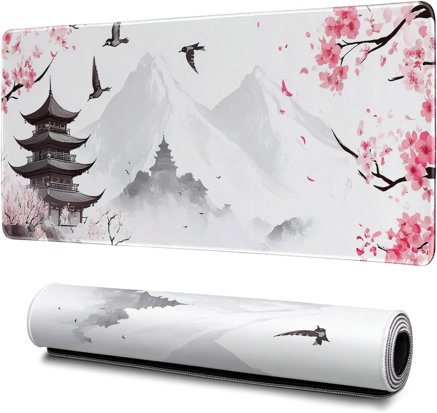 Retro Pagoda Cherry Blossom Watercolor Mouse Pad Abstract Big Mouse Pad 31.5x11.8 Inch Texture Non-Slip Rubber Base Large Mousepad Stitched Edges Keyboard Mouse Mat Desk Pad for Office and Home