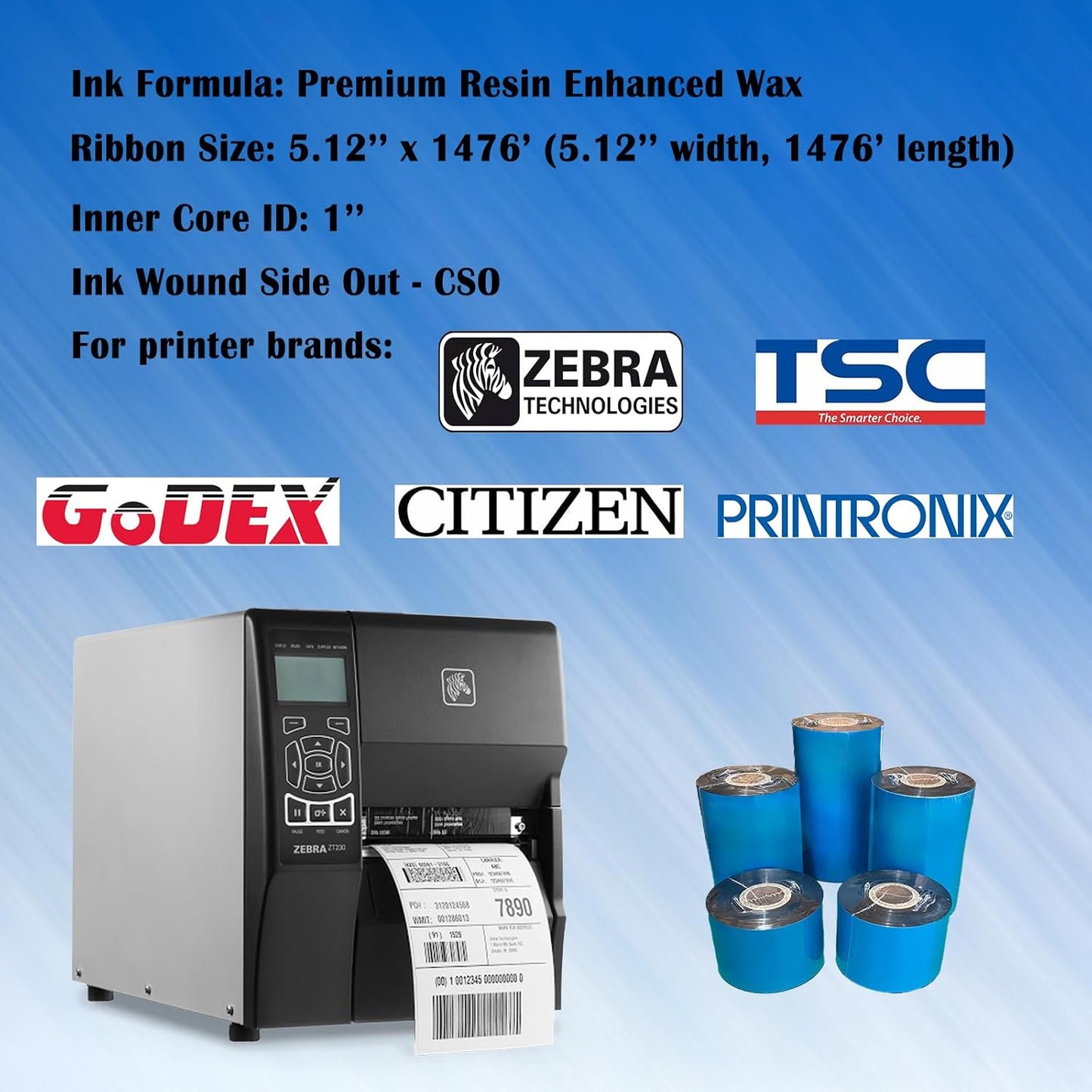 5.12'' x 1476' Premium Resin Enhanced Wax Ribbon, 130mm x 450m Black Thermal Transfer Ribbon, Barcode Thermal Label Printer Ribbon, CSO-Ink Outside, 1'' Core for Zebra, TSC, GoDex, Citizen (1 Roll)