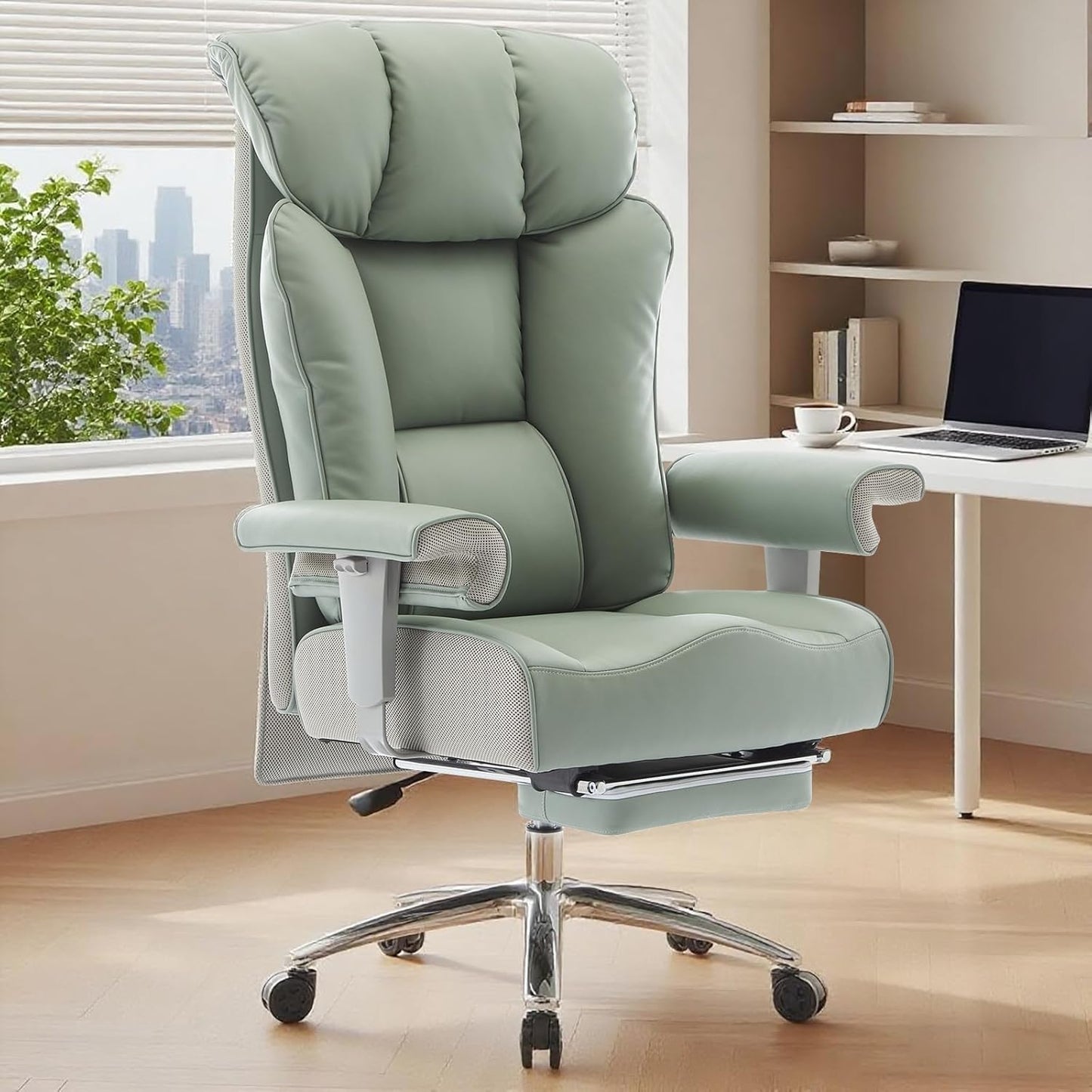 Efomao Big and Tall Green Office Chair 450LBS – Ergonomic High-Back Executive Chair with Footrest, Adjustable Padded Armrests, PU Leather Computer Chair with Lumbar Support for Home or Office，Green