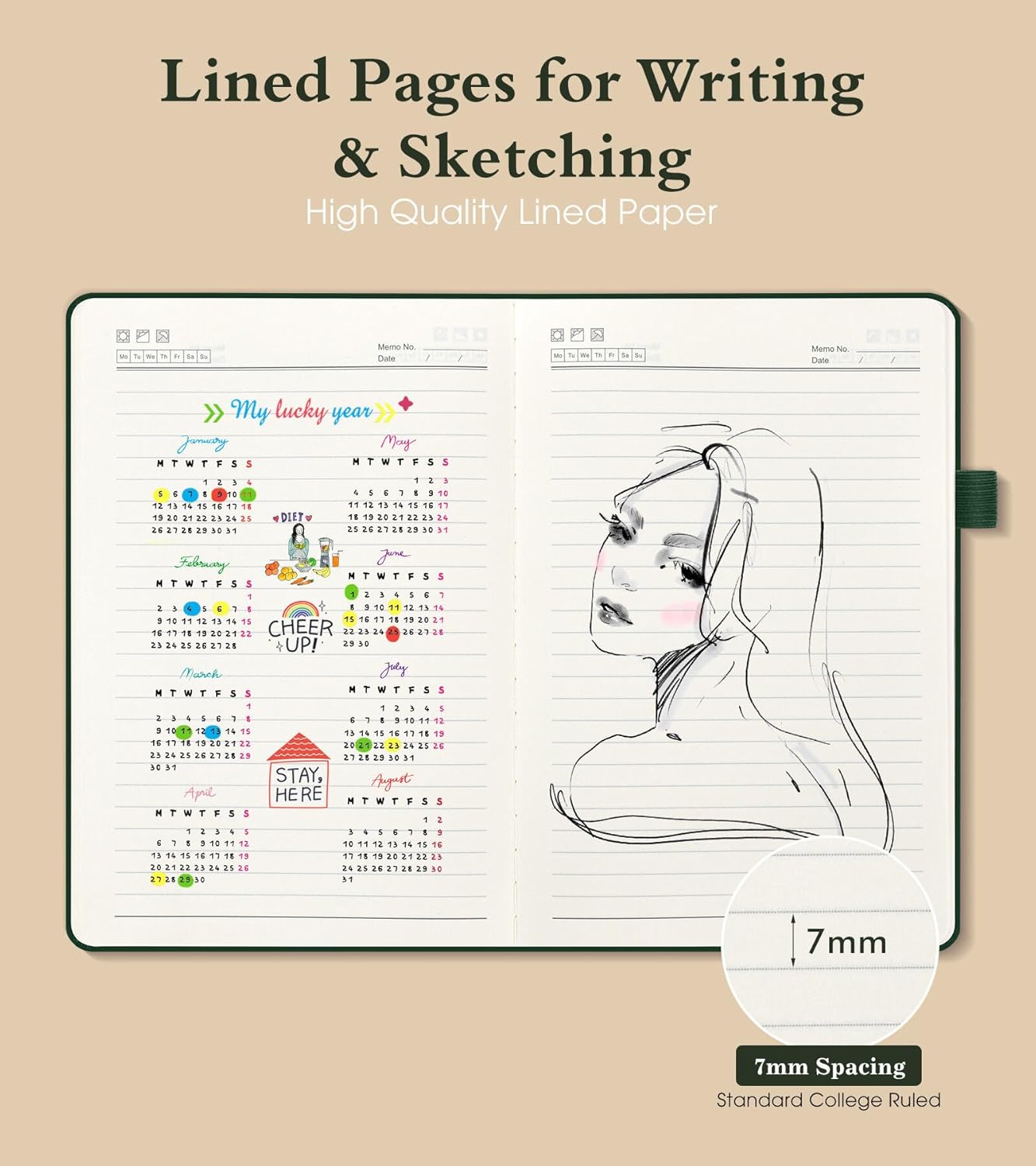 Lined Journal Notebook for Men Women, 160 Pages Ruled Paper, Inner Pocket, A5 Hardcover Vintage Leather Notebooks for Work, School, Travel Journaling, Daily Diary, Notepad 5.8" x 8.5" (Green)