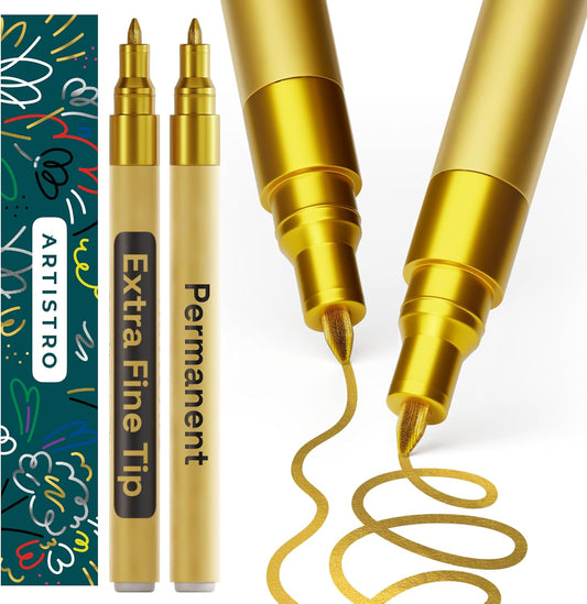 ARTISTRO 2 Gold Permanent Marker - Waterproof Markers for Tire, Fabric, Rocks, Glass, Ceramic, Wood, Paper - Oil Based Paint Pens - Extra-Fine Tip 0.7mm