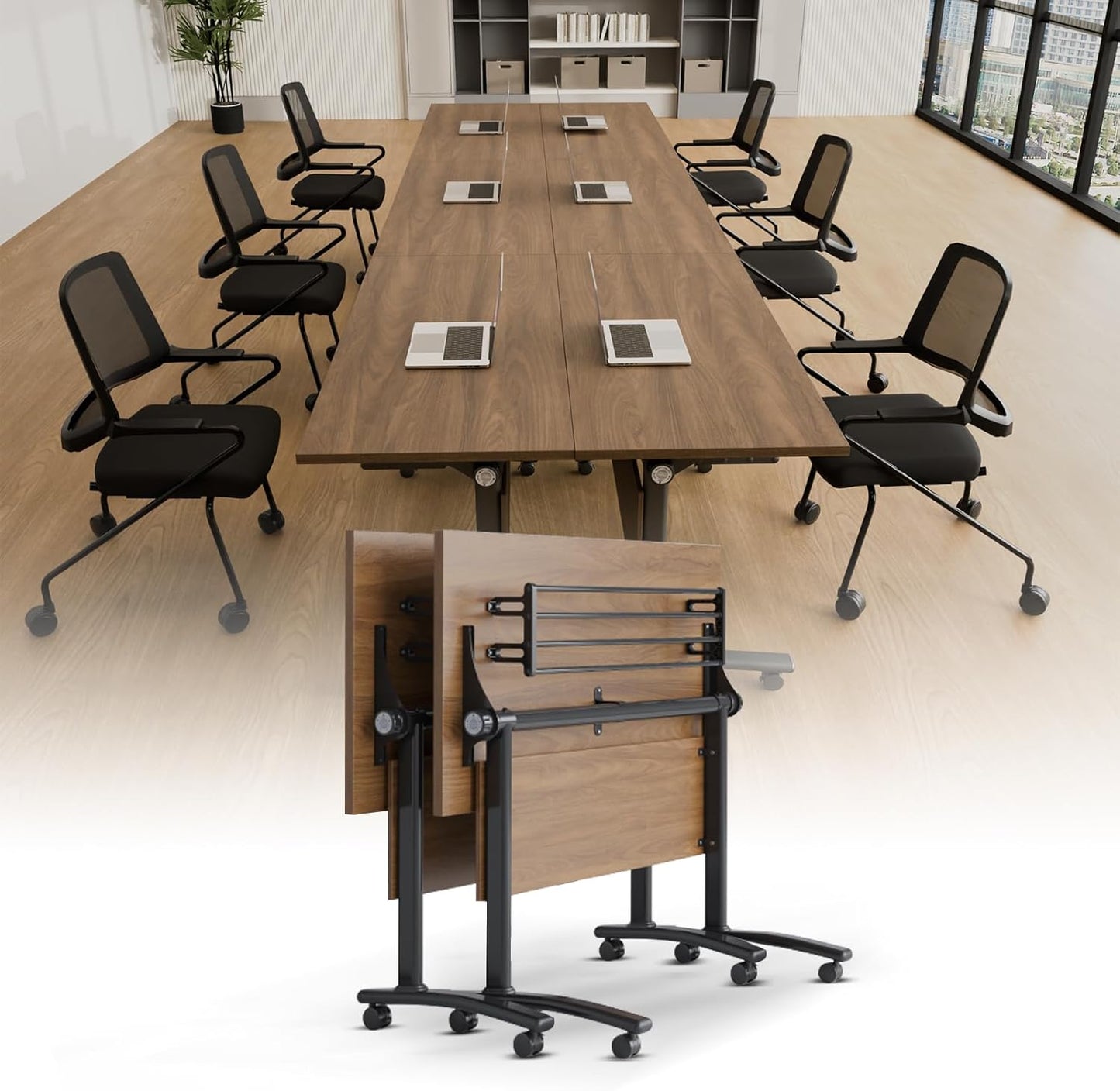 Conference Room Table with Silent Wheels, Mobile Folding Conference Table for 16 Person,Flip Top Office Training Tables with Walnuts Wood Tabletop, for School,Business Meeting Rooms (2 Pack 71in)