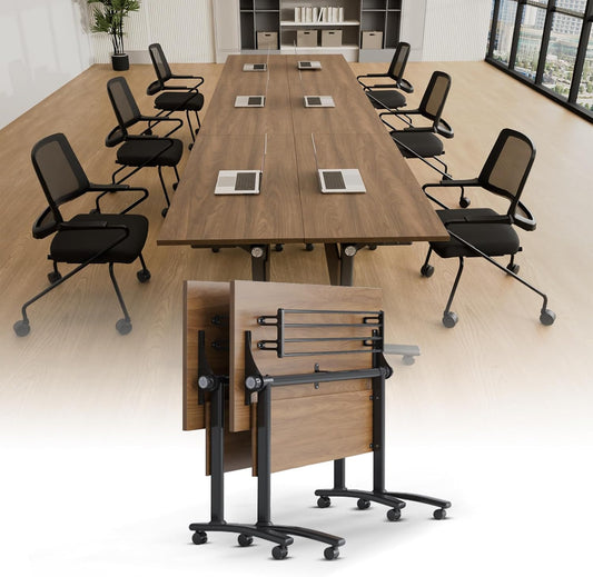 Conference Room Table with Silent Wheels, Mobile Folding Conference Table for 16 Person,Flip Top Office Training Tables with Walnuts Wood Tabletop, for School,Business Meeting Rooms (2 Pack 47in)