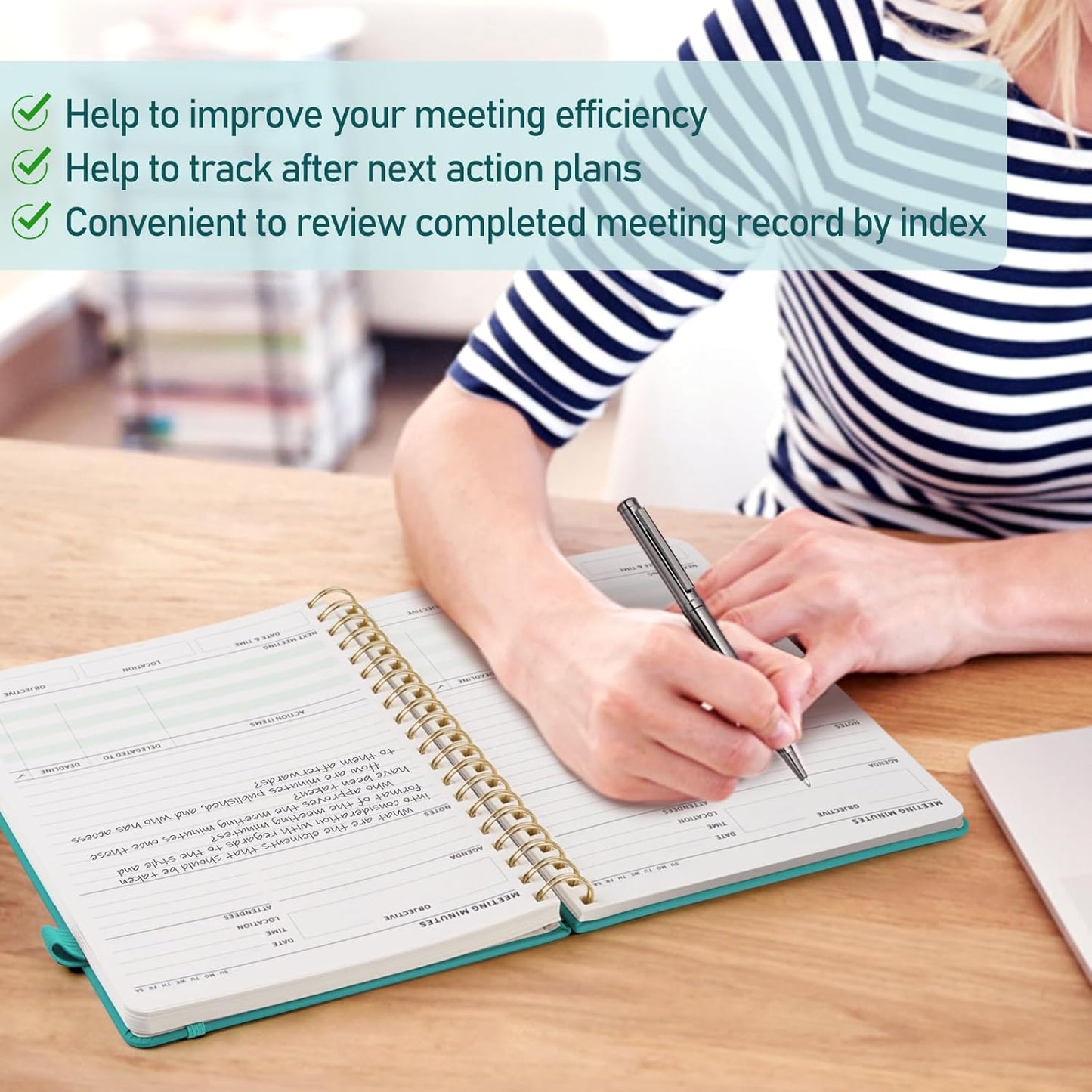 WEMATE Meeting Notebook for Work B5 (7"x10") - PU Leather Work Notebook with Agenda, Action Items & Notes - 200 Pages for Men&Women, Staff and Students, Meeting, Projects Planning - Green