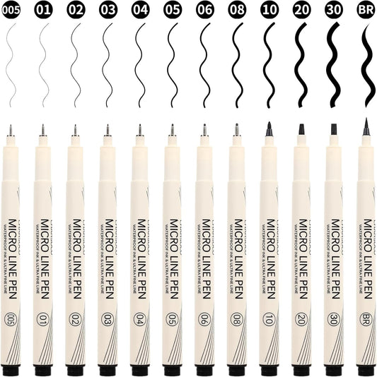 Black Micro Pens Set - 12 Sizes (0.23mm to 5mm), Waterproof Archival Ink, Fine Point Pens for Artists, Illustrators, Sketching, Anime, Manga & Technical Drawing