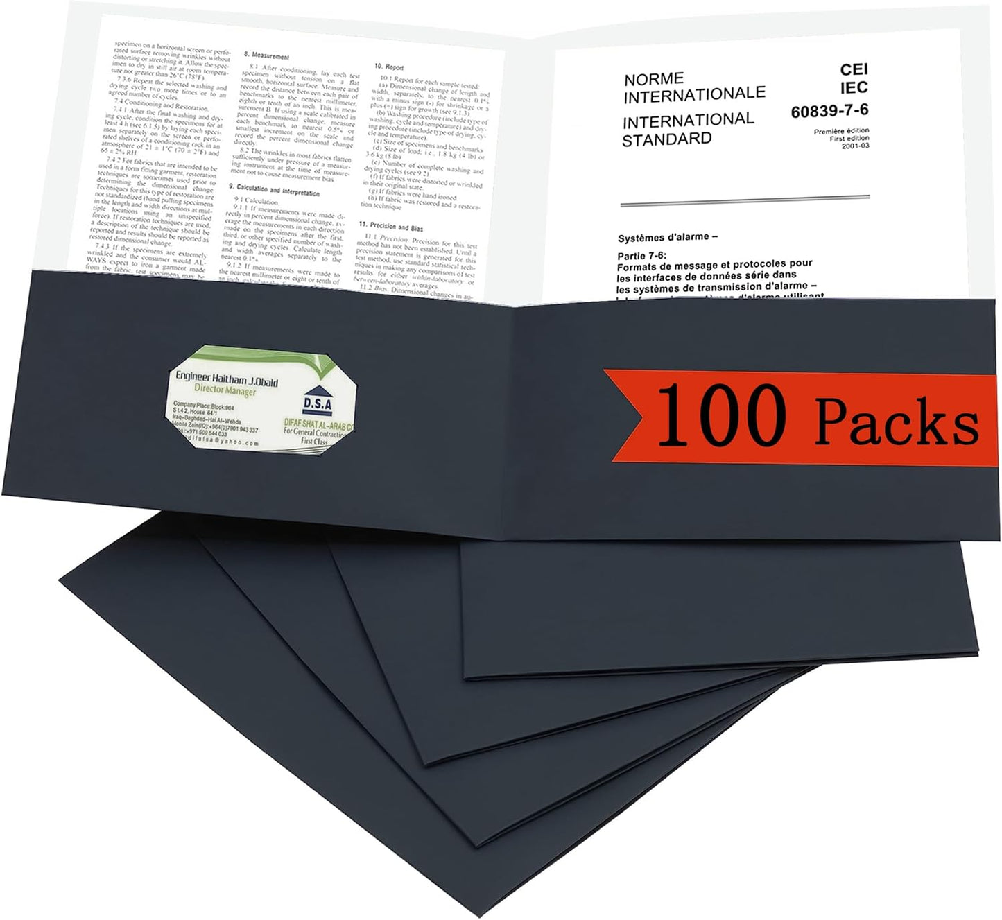 Zzrywuty 100 Packs Two Pocket File Folders with Business Card Slot,Textured Paper,Letter Size,Holds 100 Sheets for School,Office,Business,Black