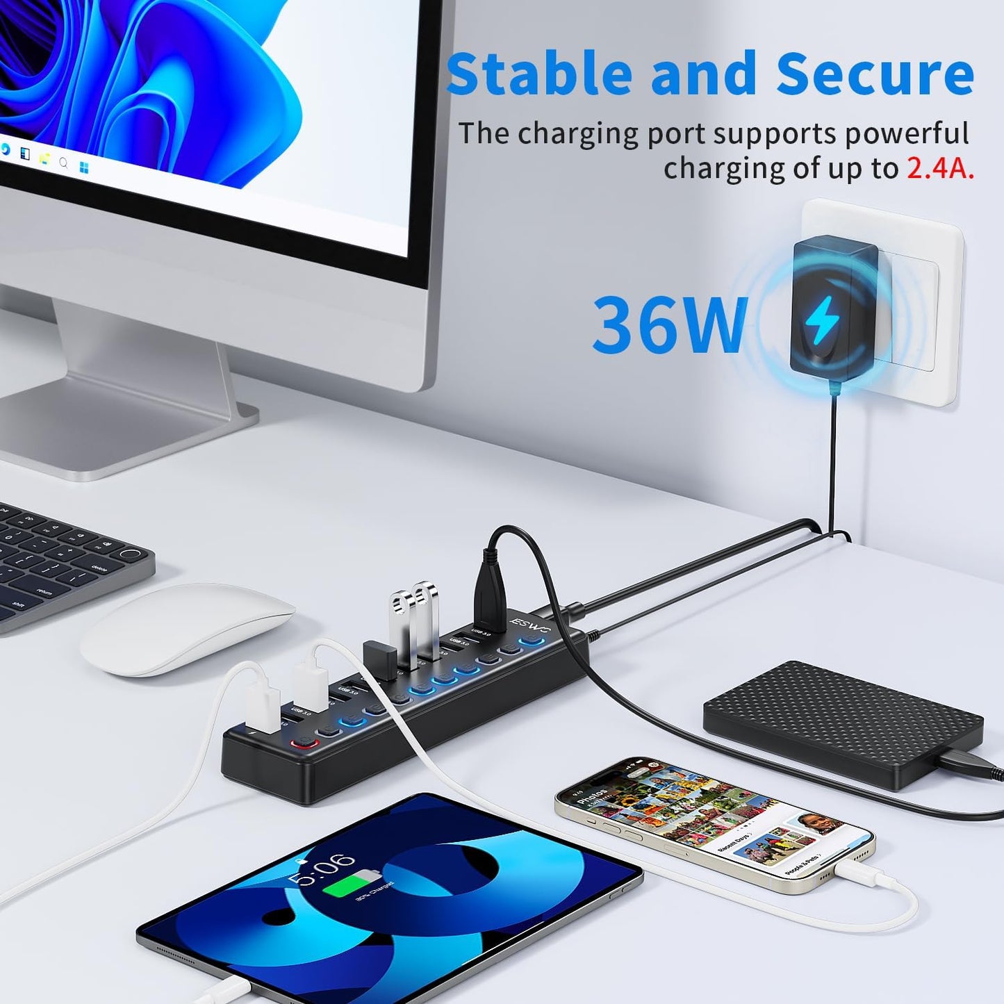 Powered USB Hub, JESWO 11 Port USB 3.0 Hub, 10 USB 3.0 Data Transfer Ports + 1 Smart Charging Port, USB Hub Powered with Individual LED On/Off Switches and 12V/3A Power Adapter