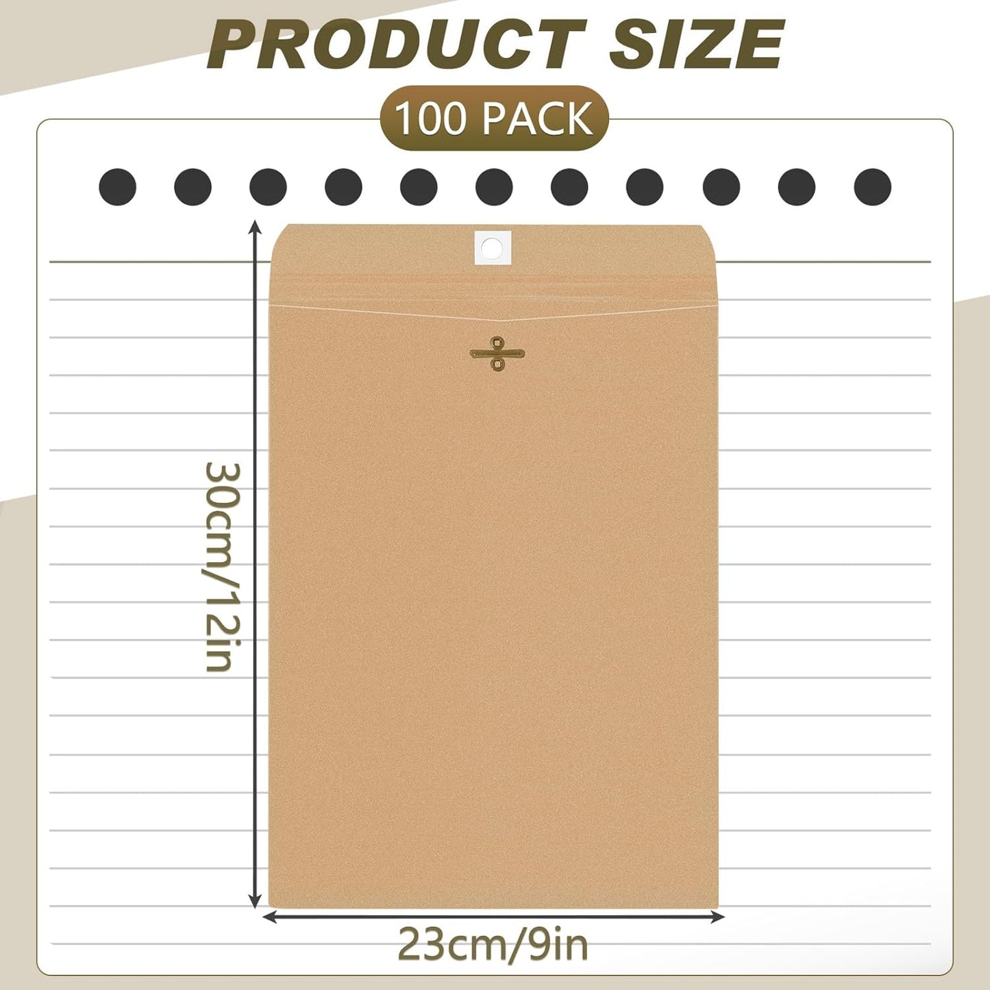 Geyee 100 Pcs Clasp Manilla Envelopes 9 x 12 Inch Gummed Colored Envelopes for Storing or Mailing for Home Office Business Supplies(Brown)