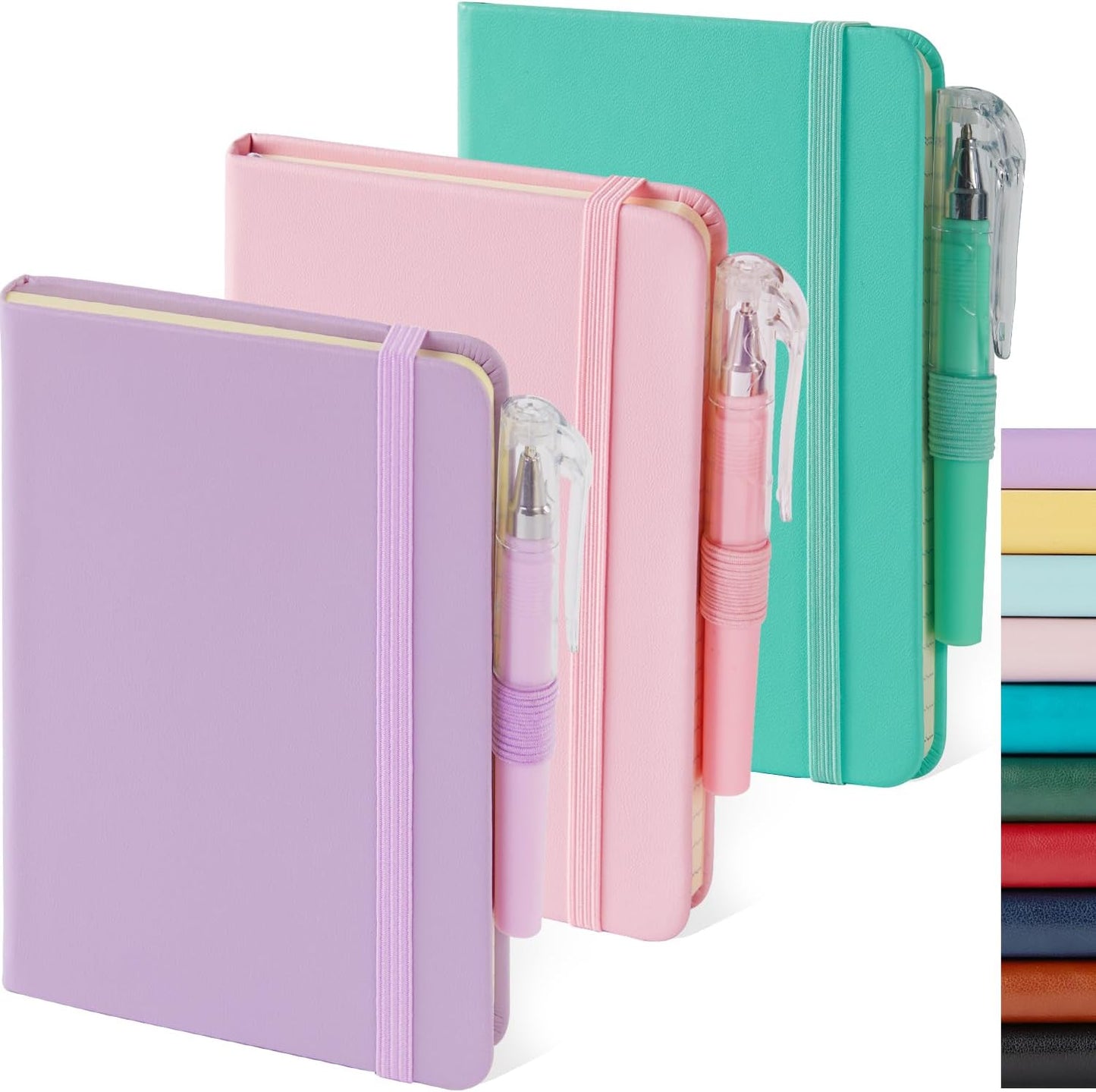 3 Pack Small Notebook Journal with Pen, A6 Mini Pocket Size Notepad Journal Notebook for Women/Men Work, Cute Note Book Note pads, 3.7" x 5.7", Leather, Pink, Purple, Green