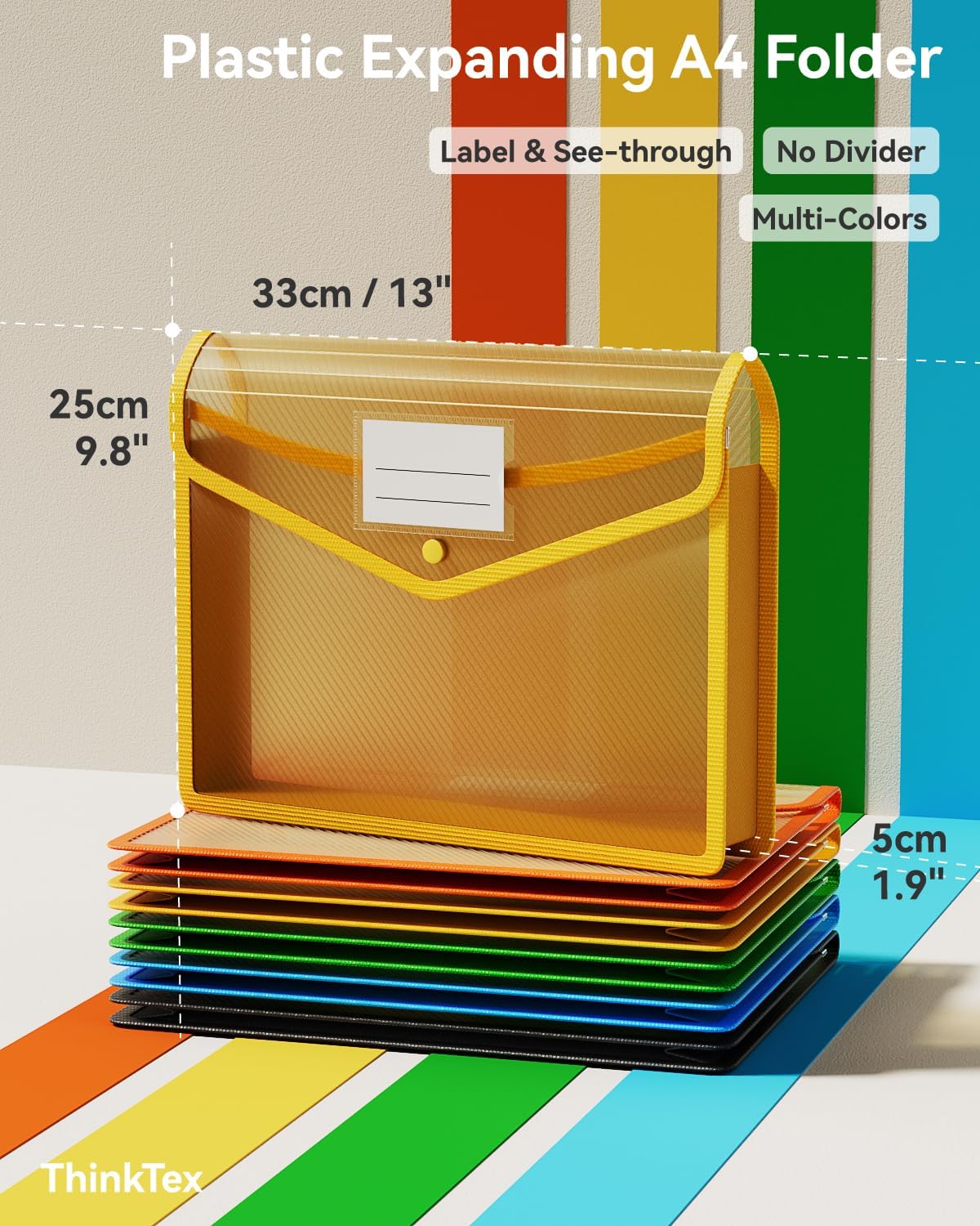 ThinkTex Plastic Expanding File Folder, Transparent envelopes with Snap Closure, No Dividers, Large Capacity, Assorted Colors, Fit Letter/A4 Size - 5 Packs