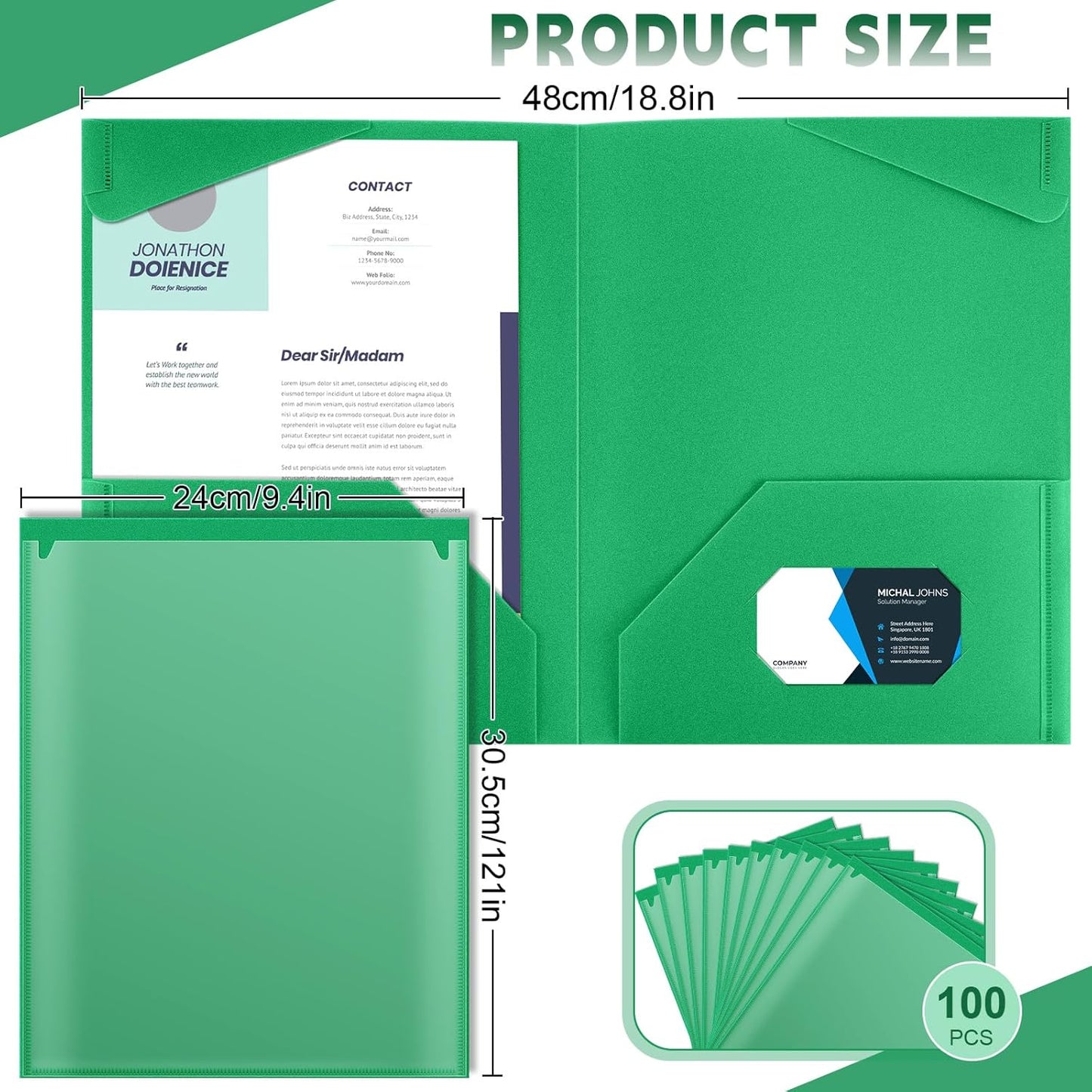 Henoyso 100 Pcs Plastic Folders with Clear Front Pockets Bulk Heavy Duty File Folders with 2 Pockets and Card Slot for Student Teacher Back to School Supplies Office Presentation (Green)