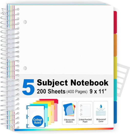 SUNEE 5 Subject Notebook College Ruled - 400 Pages, 9"x11", 5 Pocket Colored Dividers, 3-Hole Punched Paper, White