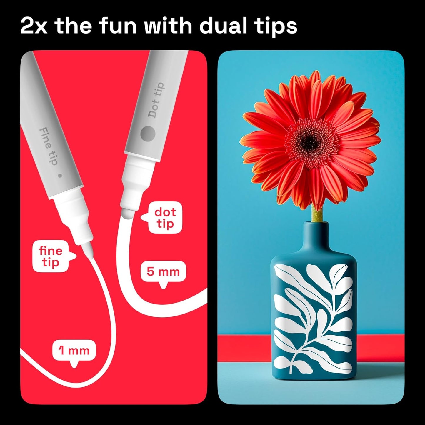 ARTISTRO 2 White Dual-Tip Acrylic Paint Pens - Multisurface Markers for Fabric, Plastic, & More, 5mm Dot + 1mm Fine Tips