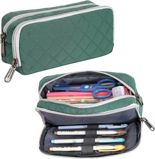 Della Gao Pencil Case Large Capacity Pencil Pouch Soft Quilted Pen Bag Office Stationery Organizer Sturdy Pencil Bag for Men Women - Dark Green