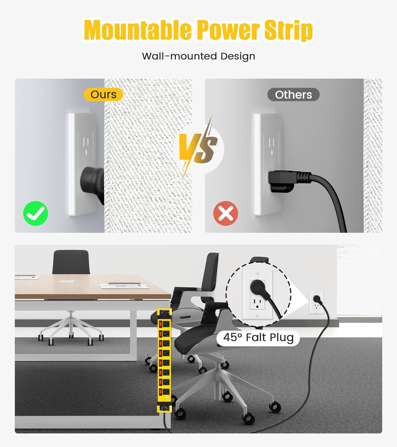 Heavy Duty Power Strip with Individual Switches,8 Outlets 14 Gauge Industrial Shop Garage Metal Multiple Outlets,1200J Surge Protector Mountable Power Strip (Yellow, 25 FT)