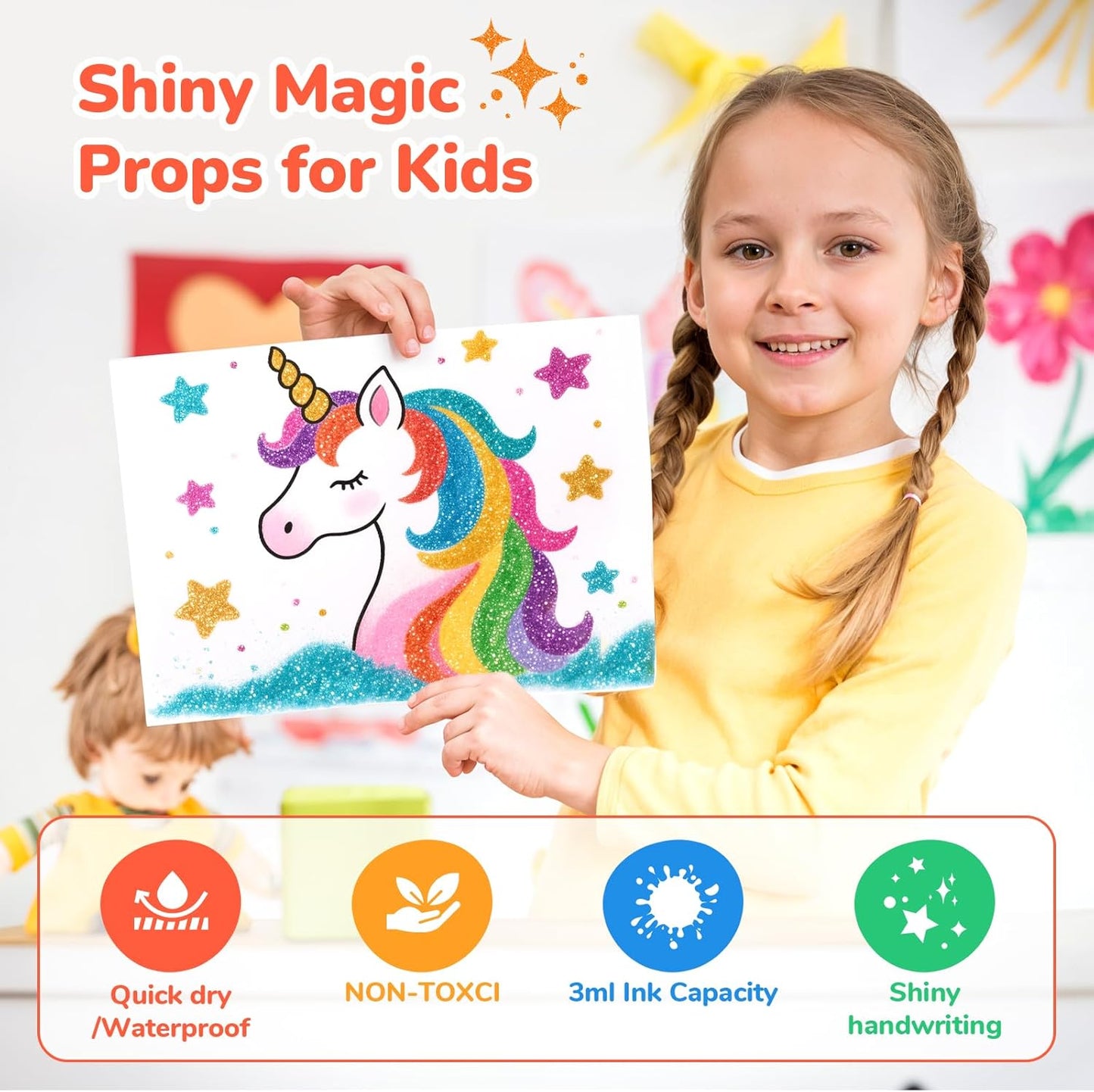 JoyCat 3mm Medium Tip Glitter Markers - 12 Vibrant Colors (Red to Pink) | 3ml High-Capacity Ink | Multi-Surface Paint Pens for Rock, Wood, Fabric, Glass | Gift for Kids DIY Crafts