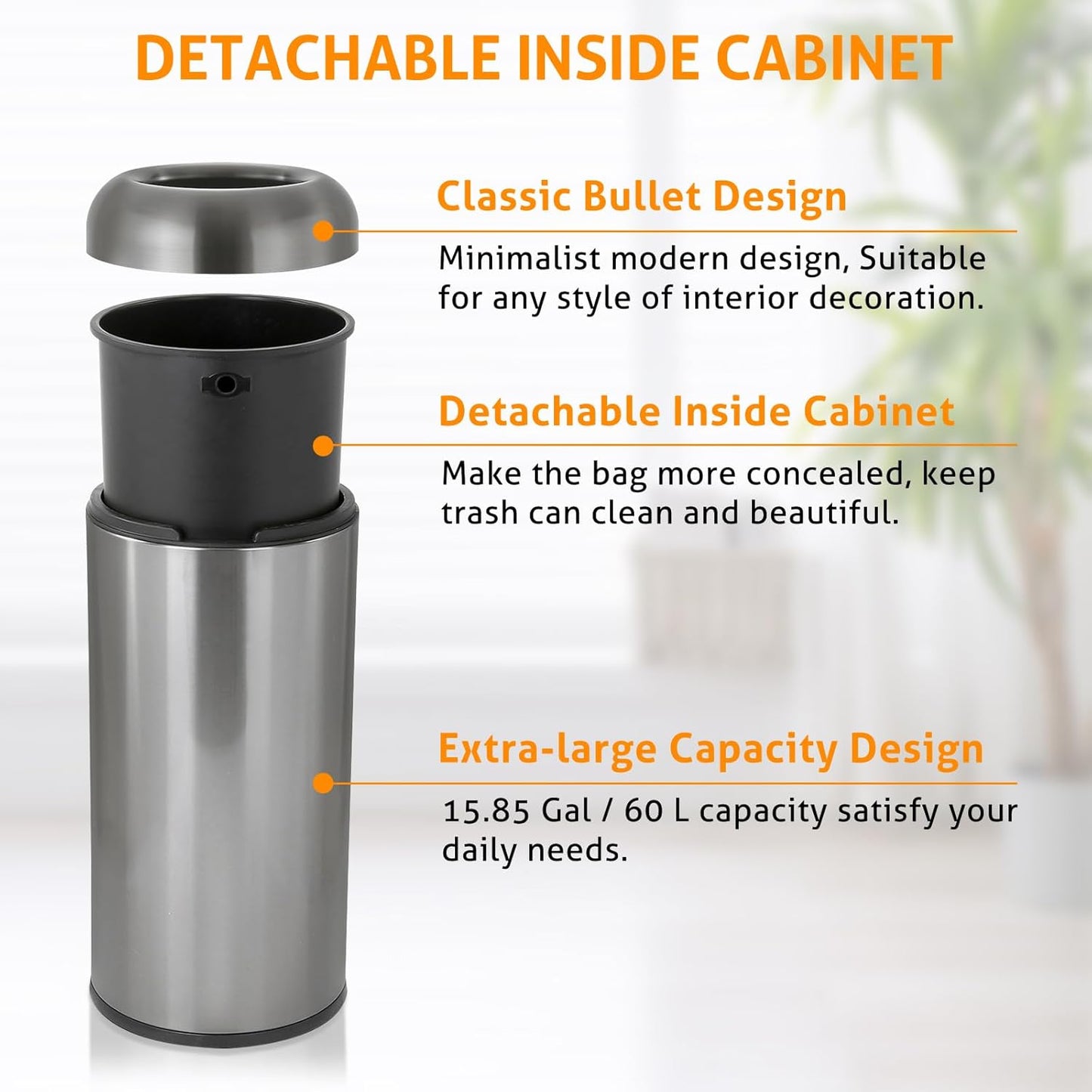 WICHEMI 16 Gallon Commercial Large Trash Can, Bullet Outdoor Trash Bin with Open Top Lid, Brushed Stainless Steel Garbage Can, Black