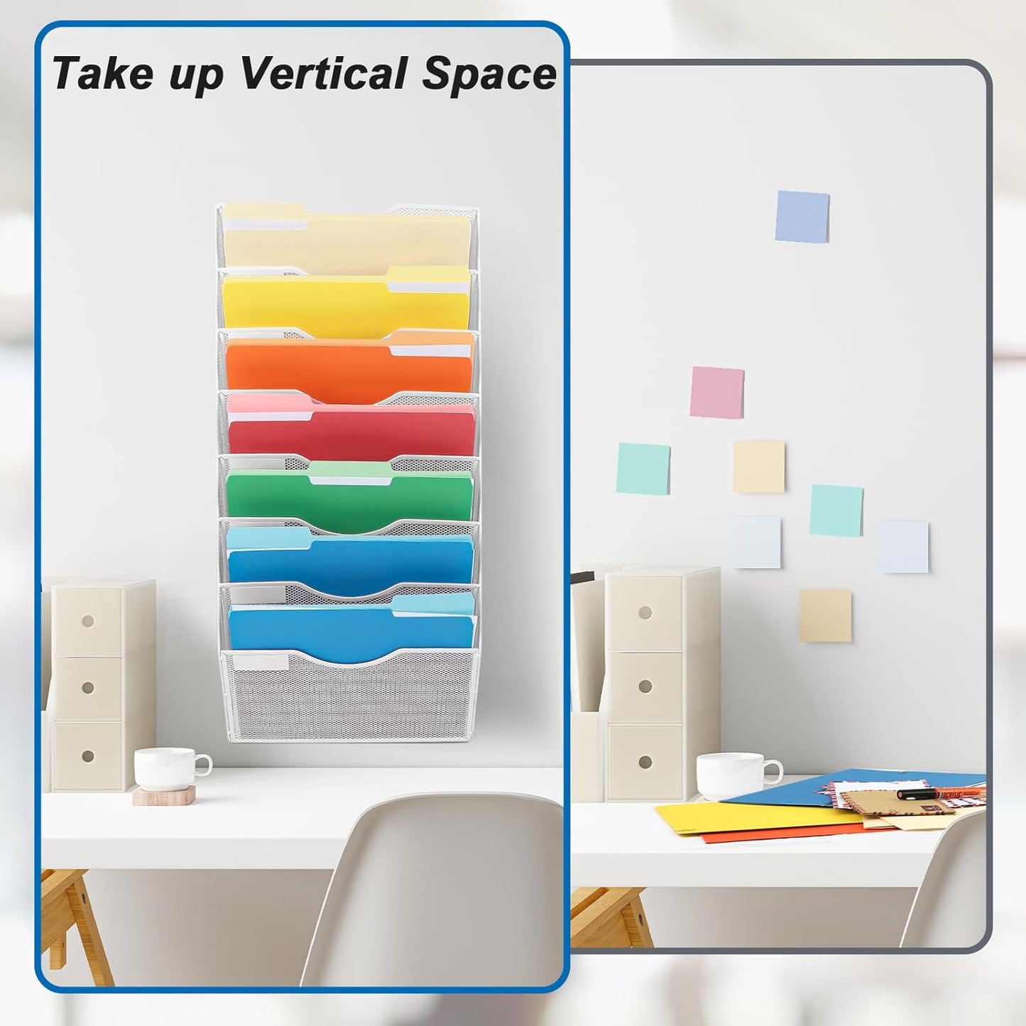 EASEPRES 8 Pocket Mesh Hanging Wall File Organizer, Wall Mounted Mail Paper Document Folder Holder, Clipboard Storage Organization Magazine Rack with Nametag Label for Office Home School, White