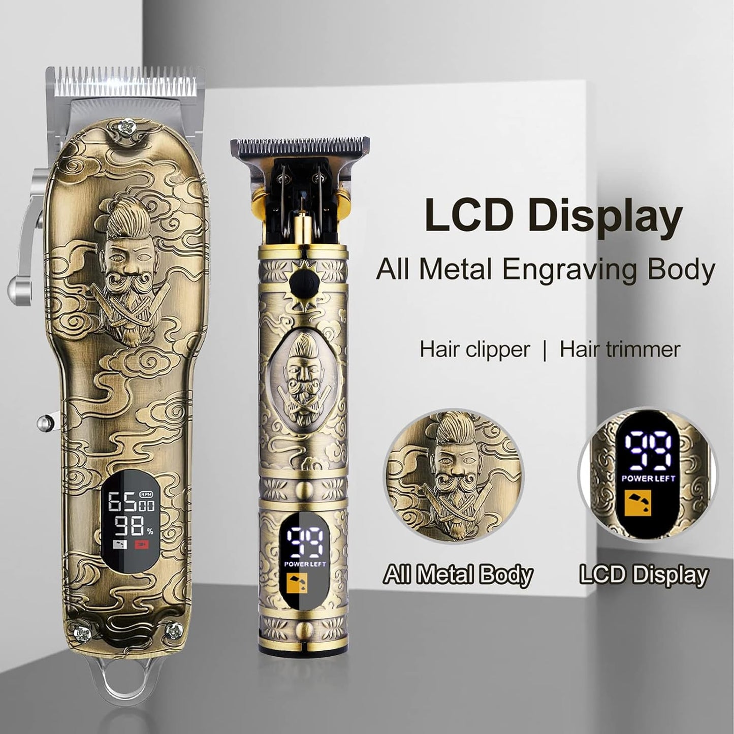 Soonsell Hair Clippers for Men T-Blade Trimmer Set,Man Professional Cordless Barber Clippers Set ，Blade Close Cutting Beard Trimmer ，LCD Display(Gold)