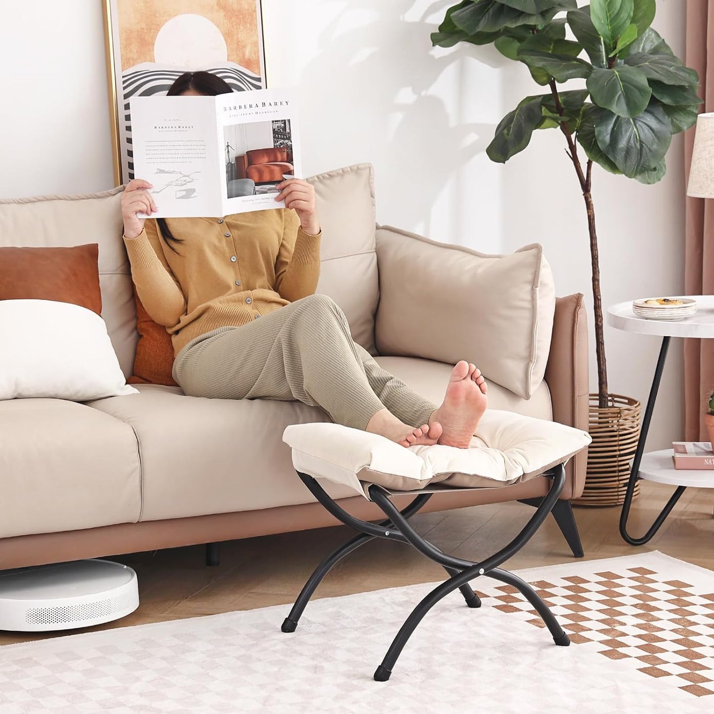 LITA Folding Upholstered Footrest Stool, Modern Small Portable Accent Ottoman with Detachable Thick Cotton Cushion Padded Sofa Stool with Metal Frame for Lazy Chair, Living Room & Bedroom, Beige