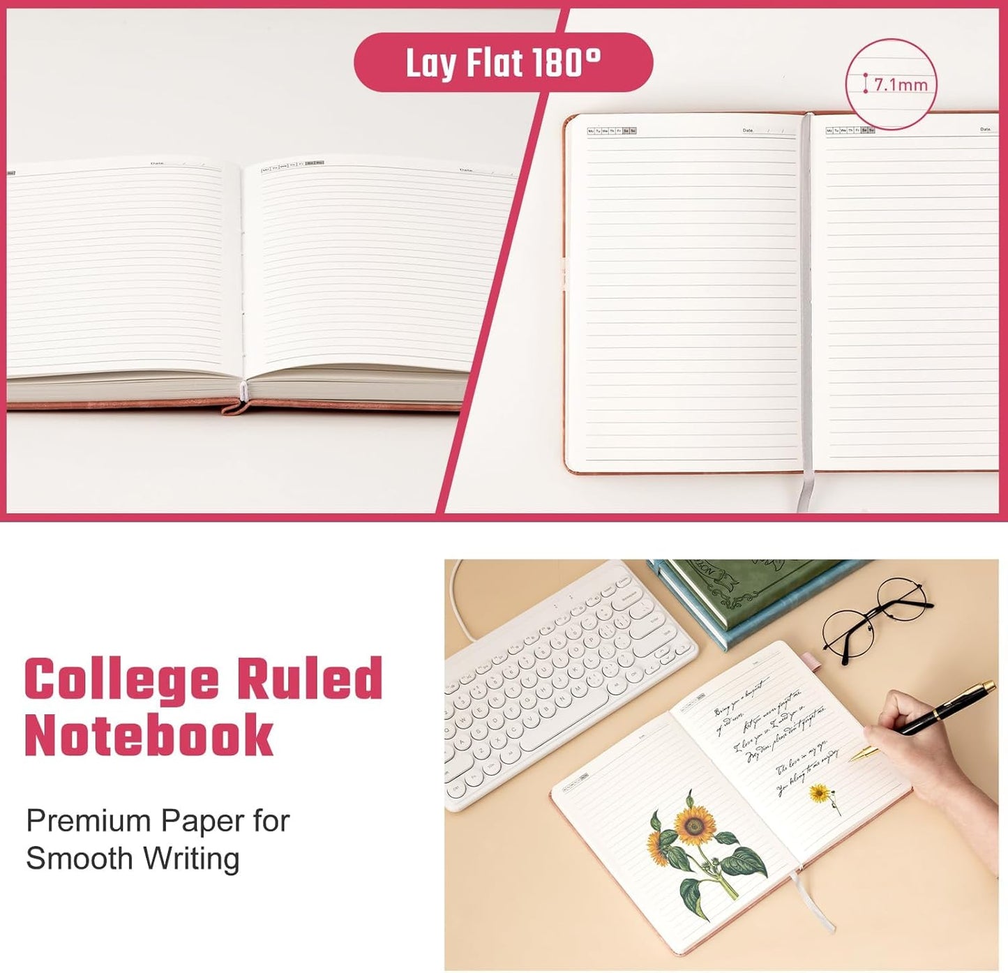 Sunflower Journal for Girls Women Journals for Writing 100GSM College Ruled A5 Leather Notebook for Girls Ages 8-12 Flower Diary with Heart-shaped Shadow, 5.7" x 8.3", Pink