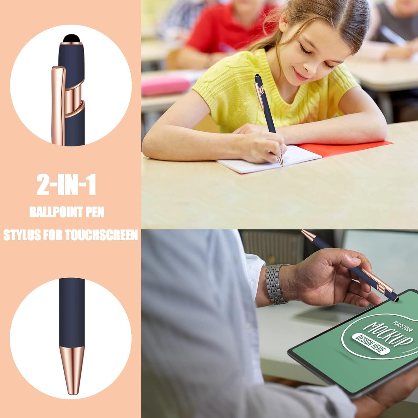 8 Pcs Blue Ink Ballpoint Pen with Stylus Tip 2 in 1 Stylus Ballpoint Pen Metal Pens Stylus Pen for Touch Screens School Office Coworkers (Blue Rose Gold)