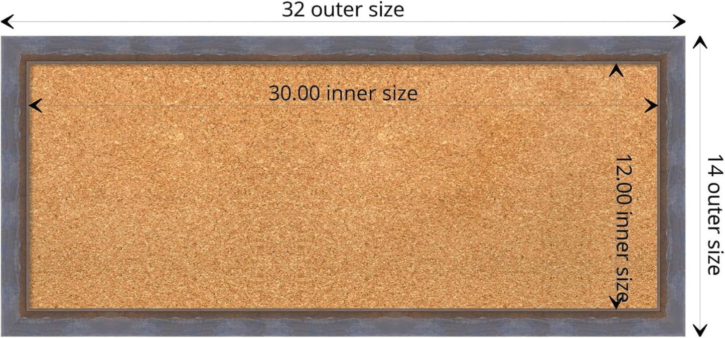 Amanti Art Natural Cork Board for Wall, 14x32 Vision Board with Blue Wood Frame, Medium Corkboard Office Decor for Home Organization, Modern Contemporary Corkboard Pinboard to display items for home