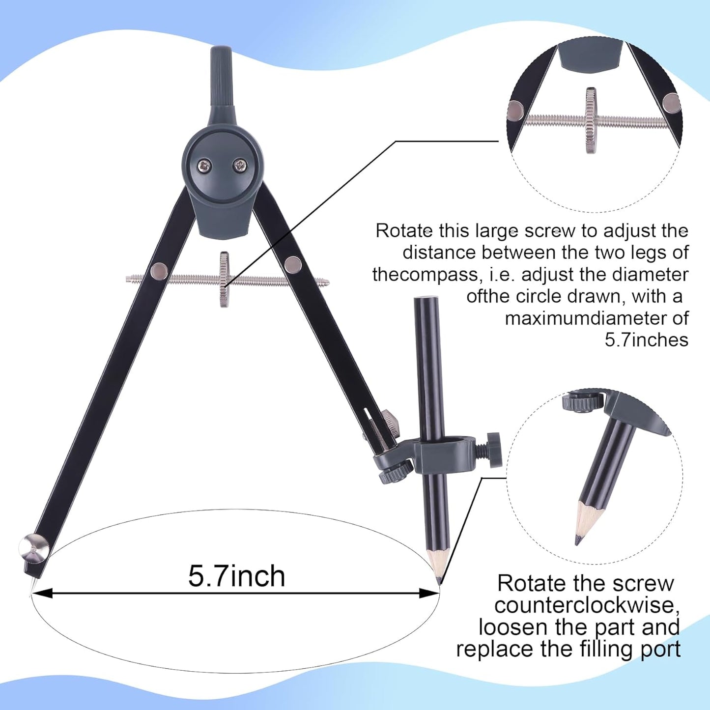 Professional Compass for Geometry Set, Metal Compass with Wheel and Lock for Geometry, Drawing Compass Tool, Circle Drafting Tool, and 6 Inch Math Protractors 180 Degree (Black)