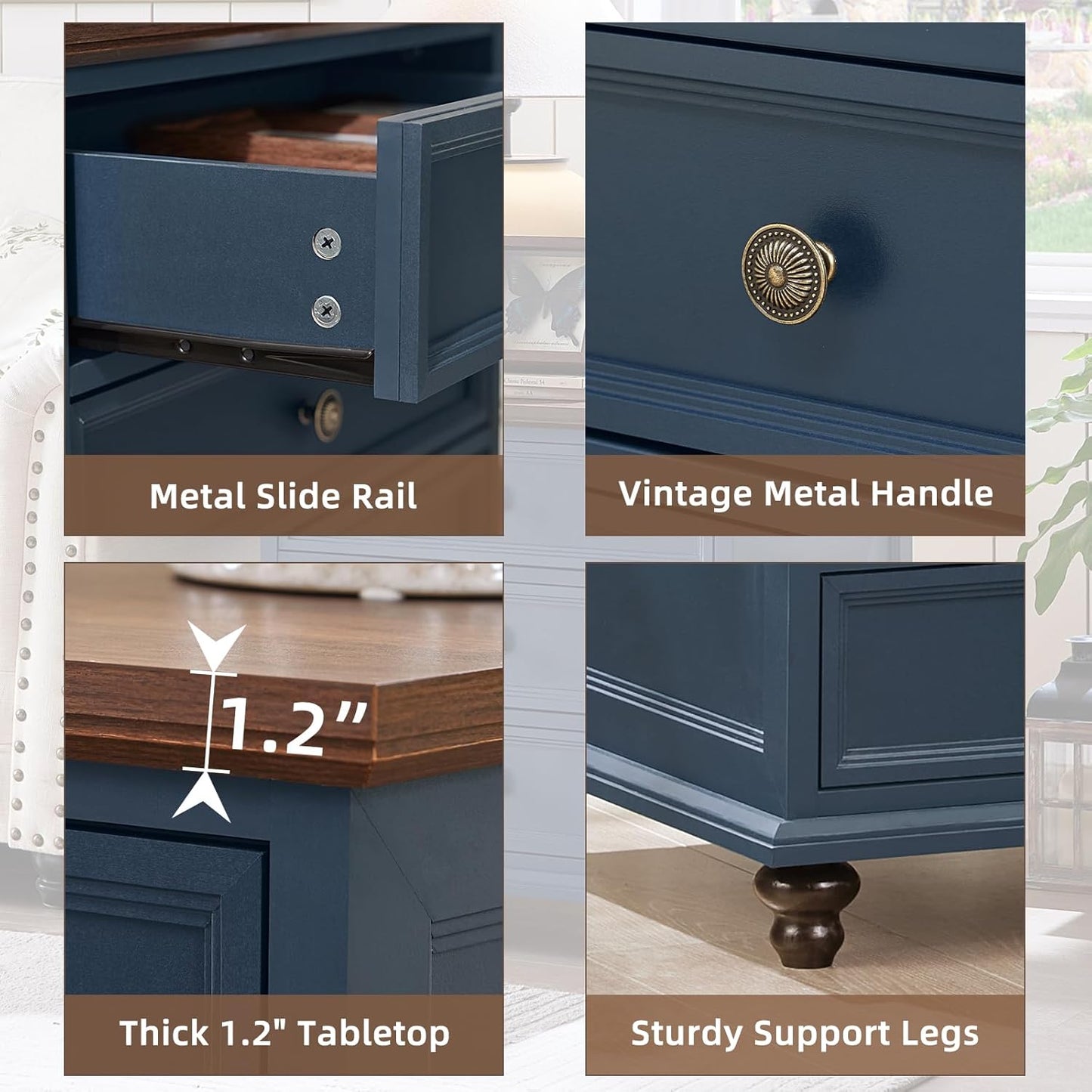 24" Wide Farmhouse Night Stand,Large End Table with 3 Drawers & Metal Handle,Blue Wood Dresser for Bedroom Cabinet, Bed Side Tabl·e Chest of Drawers,Nightstand for Living Room,Close