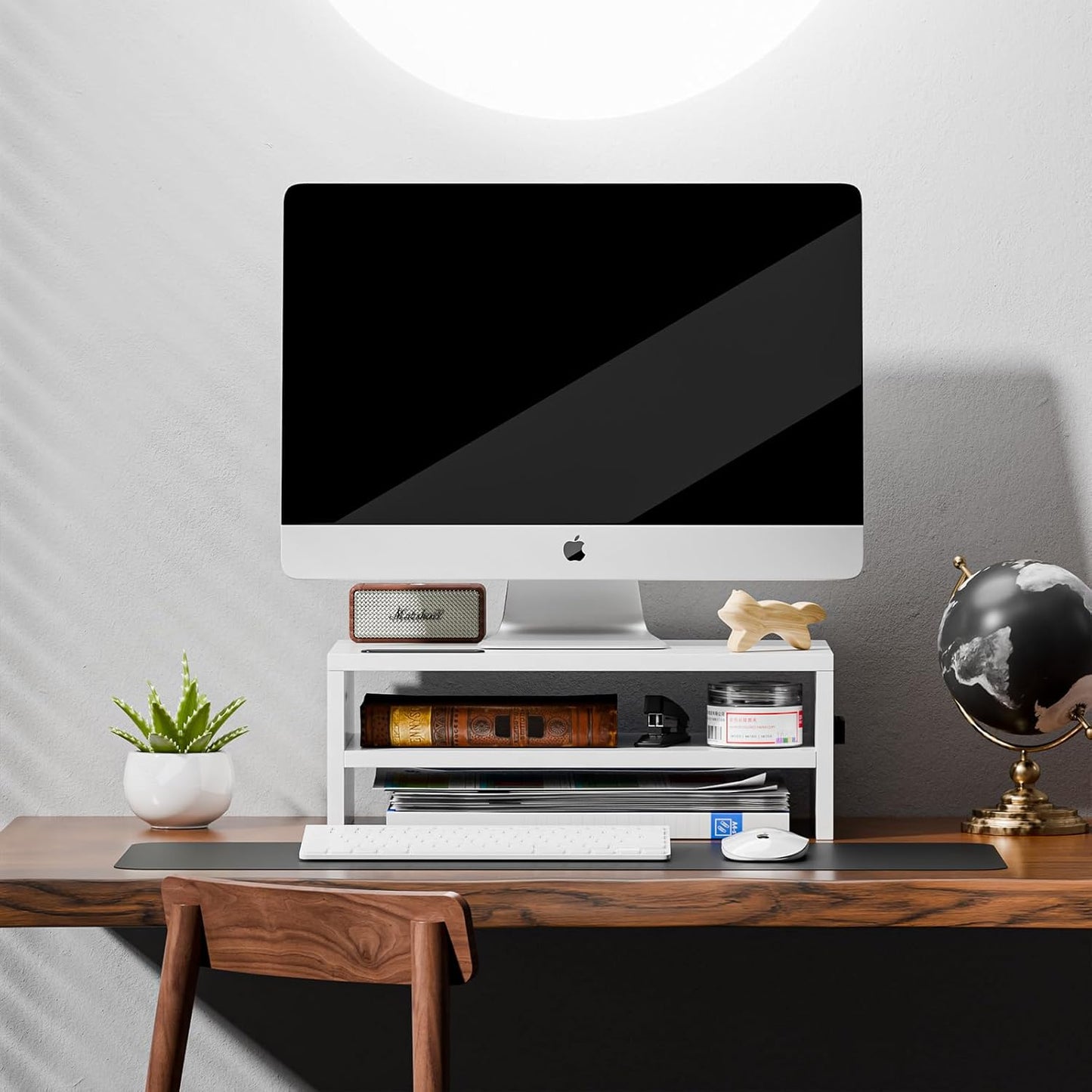 Marbrasse Monitor Stand Riser, 16.5 Inch 2 Tier Computer Printer Shelf Stand for Laptop Computer Screen Storage, Desktop Stand with Phone Holder and Cable Management (White)