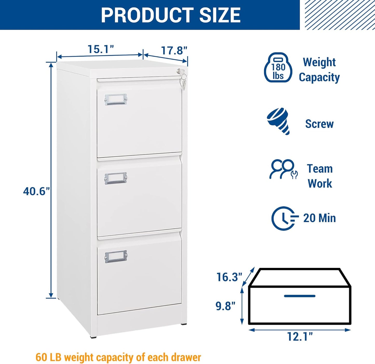 3 Drawers Vertical File Cabinets - 17.8" Deep Lockable Filing Cabinet - White Metal Storage Cabinets for Home Office to Hanging Files Letter/Legal/F4/A4 Size
