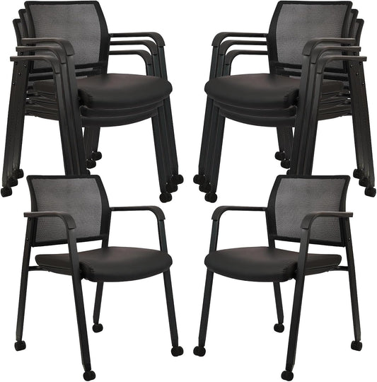 CLATINA Stacking Office Chair with Wheels, Mesh Back Waiting Room Guest Chairs with Arms Comfortable Leather Cushion Stackable Desk Chair for Conference Reception School Side Stationary, Black, 8 PK